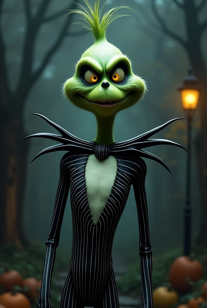 A grinch dressed as jack skellington in a full body black and white striped suit