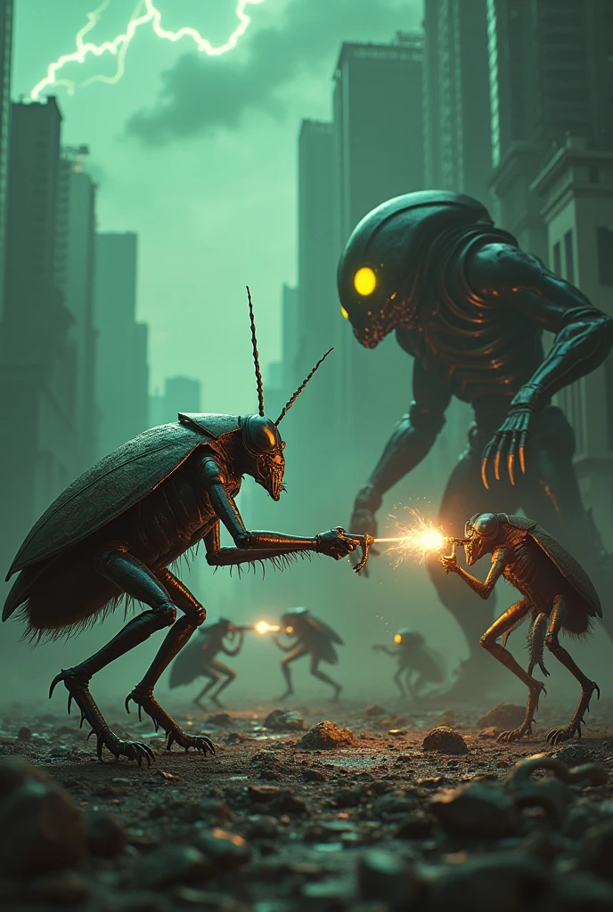 
In a dark, dystopian cityscape, towering skyscrapers loom in the background, partially obscured by thick, swirling fog. The ground is littered with debris, broken glass, and remnants of a once-thriving metropolis. The sky above is a murky green, illuminated by flashes of lightning and the eerie glow of alien spacecraft hovering ominously.

In the foreground, a fierce battle rages between two unlikely foes: cockroaches and aliens. The cockroaches, unnaturally large and menacing, stand on their hind legs, wielding makeshift weapons crafted from discarded human technology. Their exoskeletons glisten under the sporadic bursts of light, and their antennae twitch with determination.

Opposing them are the aliens, tall and slender with elongated limbs and large, bulbous heads. Their skin is a shimmering iridescent blue, and their eyes glow with an otherworldly intensity. They are armed with advanced, sleek weaponry that emits beams of energy, cutting through the darkness.

In the center of the chaos, a particularly brave cockroach, distinguishable by a scar running down its carapace, leaps towards an alien, brandishing a jagged piece of metal. The alien counters with a swift, fluid motion, firing a beam that narrowly misses the cockroach, scorching the ground.

Around them, other cockroaches and aliens engage in combat, each side displaying their unique strengths and tactics. The scene is dynamic and chaotic, filled with motion and tension, capturing the intensity of the battle.