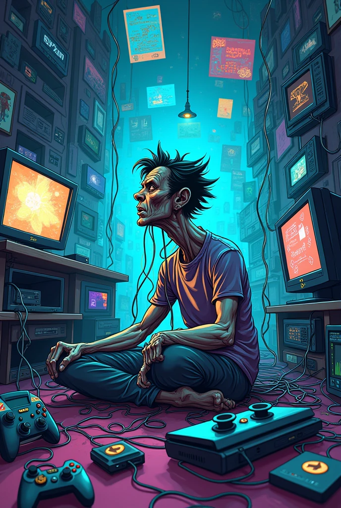 human geting addicted to media cartoon add console game