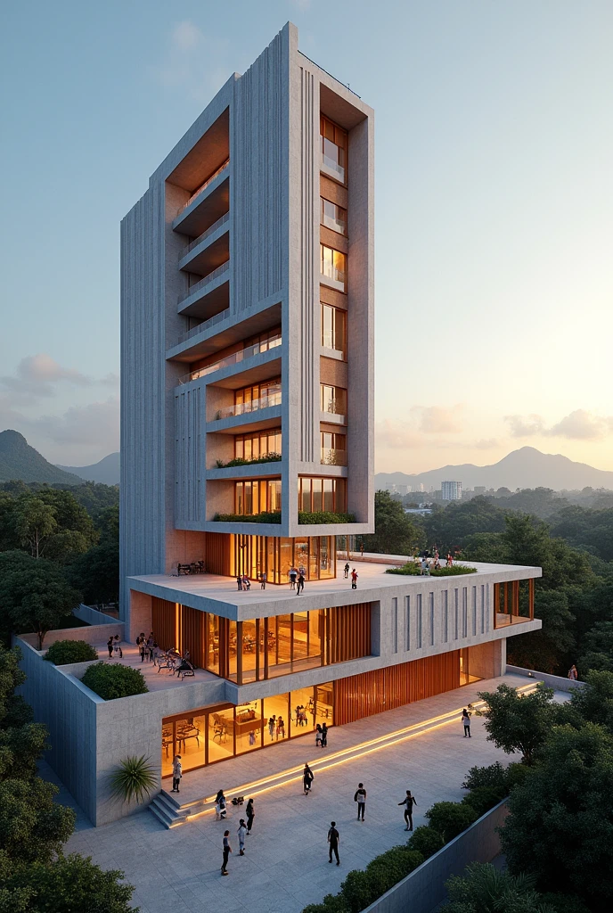 Music and Dance Center "Art in Motion" in the municipality of Chapecó, santa catarina, brazil. Building with three floors and 3000m² garage in the basement, corner lot and amphitheater on the outside. vegetation in the surroundings.