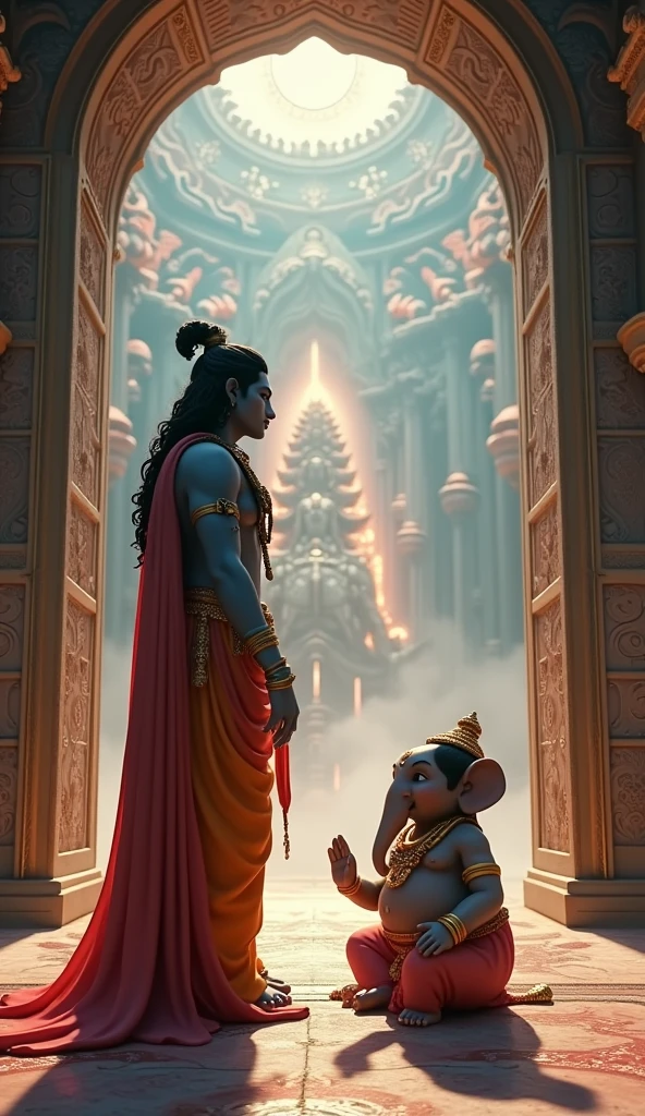 bhagavaan shiv ne samajhaane kee koshish kee, lekin ganesh ne kisee bhee haalat mein unhen andar jaane se mana kar diya. In cinematic 3d animation style'