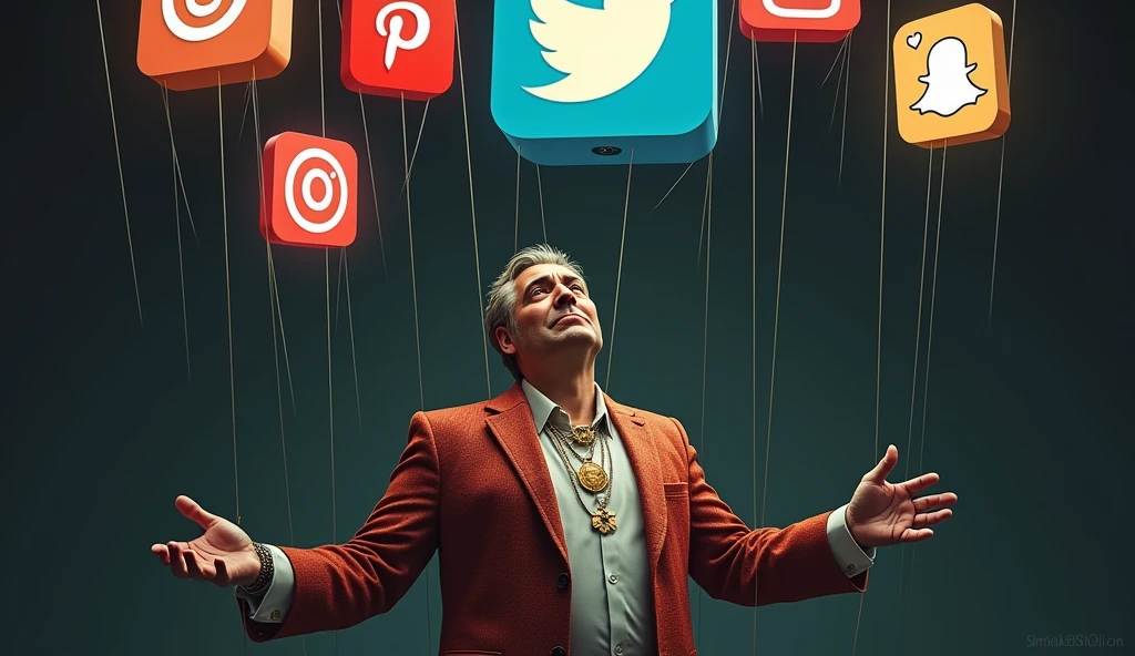 {
"prompt": "A wealthy person adorned with many jewels, being manipulated like a marionette. The strings are attached to large icons of social media platforms (Instagram, Facebook, TikTok) above them. The wealthy person looks either arrogant or unaware, with luxurious clothing and accessories. The overall setting should be dramatic, showing the control of social media over even the most privileged individuals. The background can be dark or shadowy to emphasize the contrast between wealth and manipulation.",
"settings": {
"style": "realistic ilustration",
"lighting": "dramatic shadows",
"detail_level": "high",
"color_scheme": "rich and luxurious colors for the person, contrasted by dark tones for the background",
"emphasis": "social media icons and the marionette strings",
"size": "1920x1080"
}
}