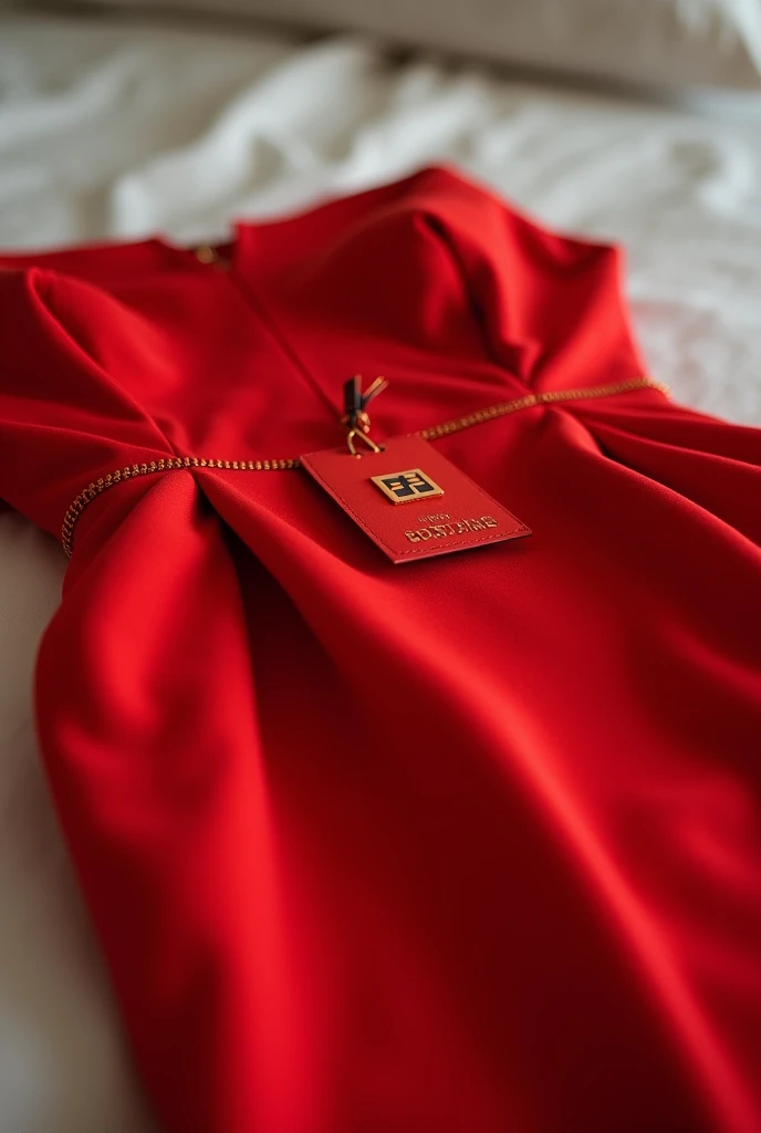 Make a picture for me, This image is a photo that appears to be taken by a normal camera and out of focus., be a simple image, that no part of the image is blurred and it is a photo taken from a bed and on top of that bed there is a red Fendi dress, very beautiful and beautiful with tag never been used. Remember to keep the image in focus without blurring any part of the image, it has to be 100% sharp as if it had been taken without any effect on the camera. Remember to label it as if it had never been used., dress brand: Fendi.
