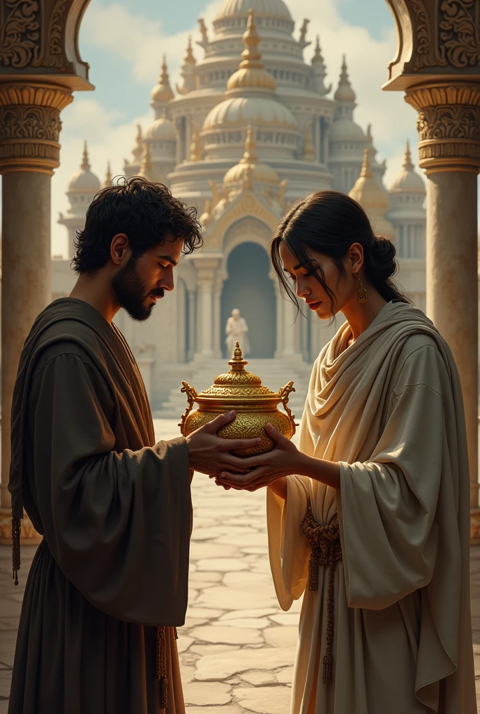 a poor couple is giving gold filled pot to temple
