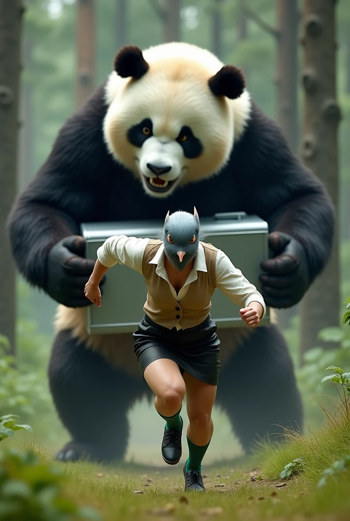((Highest quality)), ((Pigeon-headed woman)), (Angry Giant Panda), (Giant panda holding a refrigerator in both hands), Giant panda holding a refrigerator in both handsが後ろから追いかけてくる, A woman with a grey pigeon head is running as fast as she can to escape a giant panda, A grey pigeon-headed woman is wearing an off-white collared short-sleeved shirt, a light brown vest, a knee-length black skirt, dark green socks and black shoes., Muscular grey pigeon-headed woman, The background is a grassy forest, Photorealistic images,