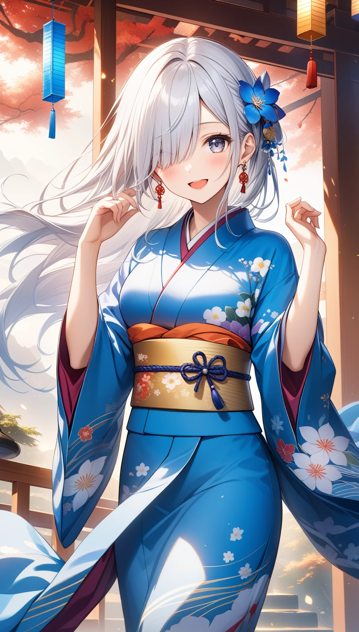 1girl, solo, long hair, breasts, looking at viewer, blush, smile, open mouth, bangs, long sleeves, jewelry, medium breasts, standing, white hair, :d, earrings, japanese clothes, wide sleeves, kimono, hair over one eye, grey eyes, hands up, sash, floating hair, obi, floral print, blue kimono, print kimono, purple kimono, wind chime, ((32k)), ((best quality)), ((ultra high res)), ((HDR)), ((UHD)), ((extremely detailed CG)), ((unity 32k wallpaper)), 