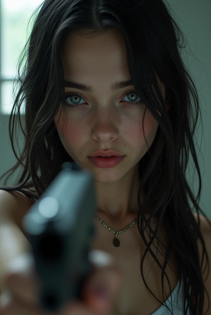 (((ultra realistic))) Photo, masterpiece, top quality, (pale skin), (Ultra detailed face and eyes:1.3), Young girl, ((John Wick guns poster reference)), (((dicks around instead of guns))), cum covered