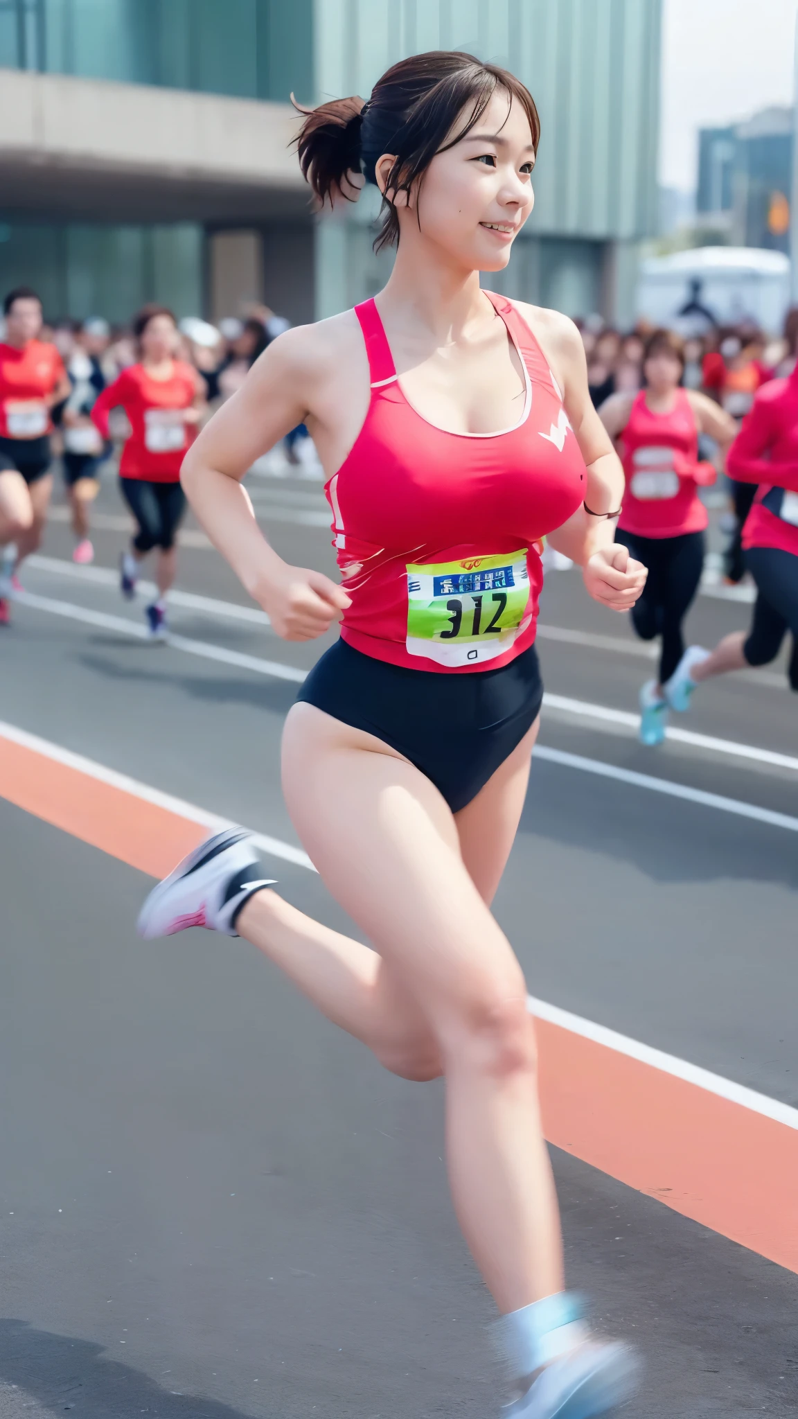 8k、Ultra-high resolution、Highest quality、masterpiece、Realistic、Ultra-high resolution、High-definition RAW color photos、Professional photos、real、photo realistic、(Always big breasts、Definitely a pretty big bust、cleavage)、Vivid lighting、Natural skin texture、Fine skin、Hyperrealism、Intricate details、Depth of written boundary、Adult women、masterpiece、Highest quality、High Detail、Eye highlights、Lip gloss、((Cute smile、((Chignon,Short Hair))、Marathon runner、Streets of skyscrapers,Drive in the center of the road、Dark gray separate uniform for track and field athletes、redSports Bloomers、(Full body running pose):1.5))、running shoes、((running、Must-have red high leg bloomers for competitions,(Crowds along the road,Lots of runners):1.6)),(athletic female,running,Sprinting,((Erect nipples)),wet clothes,sweating,gigantic breast:1.35)