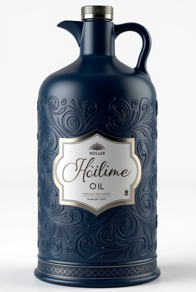 Artistic Design Prompt:"Design a 15 kg oil container that combines luxury with artistic sophistication. The container should maintain a sleek, cylindrical shape with a rich matte navy blue finish, but incorporate intricate artistic elements to elevate its appeal.1. Surface Texture:Pattern: Add an elegant, embossed pattern of swirling, interwoven vines or abstract waves that wrap around the container. This pattern should be finely detailed, creating a tactile and visual texture that feels sophisticated and unique.Finish: The pattern should have a subtle metallic sheen or glossy accent in dark silver, giving the impression of delicate artwork while retaining the matte base color.2. Label Design:Artistry: The label should be a minimalist, white or silver design with an ornate, hand-drawn border. The brand’s logo and product details should be elegantly scripted in a classic serif or calligraphy font, with selective areas highlighted with a touch of embossed, pearlescent finish.Placement: The label should be centered on the front, with the artistic border flowing seamlessly around it, integrating the label into the overall design.3. Pour Spout and Cap:Spout: Design the pour spout with an intricate, laser-etched pattern that matches the container’s embossing. It should have a smooth, brushed stainless steel finish with a decorative, retractable cover.Cap: The cap should feature a delicate, geometric pattern or filigree design etched into its surface, aligning with the container’s overall artistic theme. It should have a magnetic closure that provides a satisfying snap.4. Handle:Design: Craft the handle with an artistic twist, such as a gracefully curved design or an ornamental pattern etched into the metal. The handle should be made from polished stainless steel or a navy blue metallic finish, seamlessly integrated into the container’s body when not in use.5. Base and Feet:Design: Incorporate a decorative, embossed base with a subtle pattern or motif that mirrors the cont