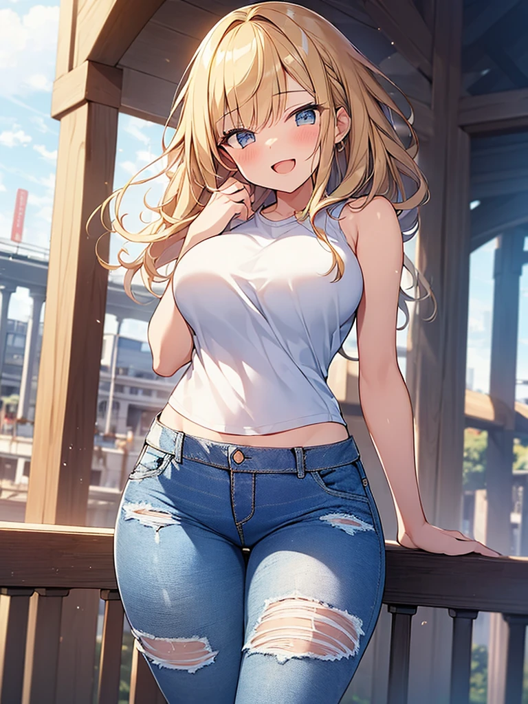 (Masterpiece, Top quality:1.5), full body, (1 beautiful girl, solo:1.2), (short height:1.2), (Denim Tapered Jeans:1.3), Blonde hair:1.1, medium Hair, wavy Hair, asymmetry bangs, swept bangs, airy hair, large breasts:1.2, smile:1.3, blush, beautiful scene of station platform, magnificent panorama view, blurry background, open mouth, dynamic pose, dynamic angle