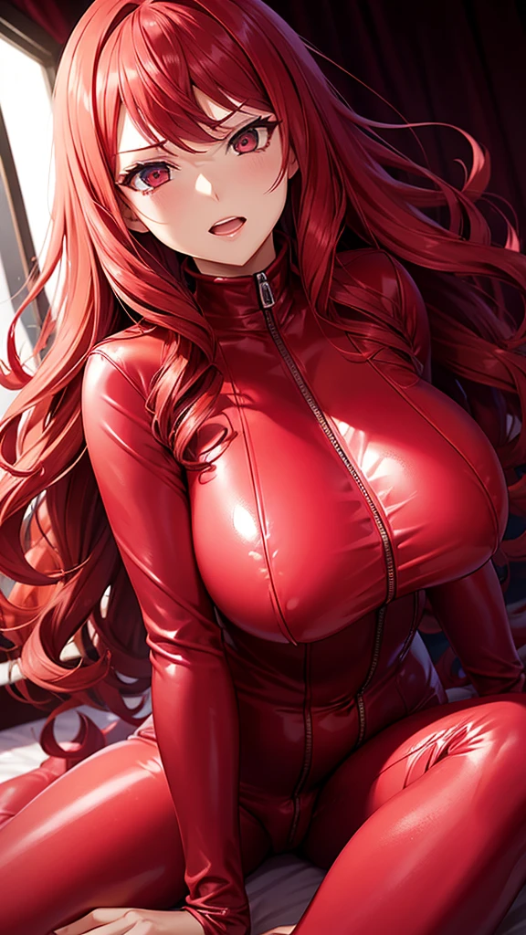 Erotic,Persona 4 Mitsuru、Red hair long waves、Curly Hair、 Big Breasts,Pink catsuit,Female Spy、Black Background、Dimly lit bedroom , Evil、 Erotic Sneer、Lightly open your mouth、Upper Body