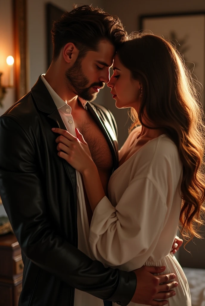 A handsome man wearing open white shirt and black leather jacket is sleeping and a woman touching and kissing and pressing his chest