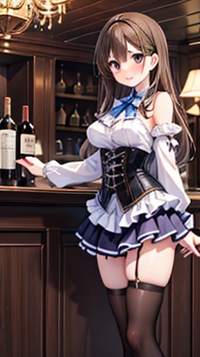 (masterpiece, Highest quality, Absurd, Game CG, figure, Very detailed), One girl, alone, (mayu kuroe), Beautiful attention to detail, Are standing, Hostess Bar, wine bar, corset dress, No sleeve, Layered mini skirt, Thigh-high socks