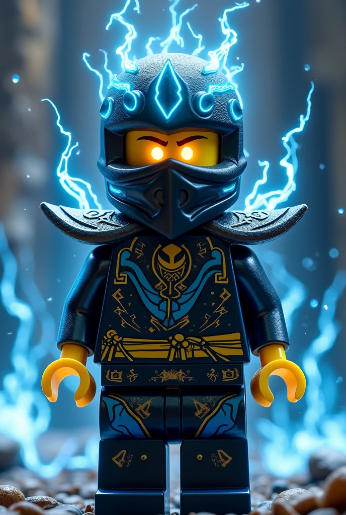 Créer moi un lego ninja go un grand méchant maitre du spijisu ultime golden futuriste de la dernière puissance dimensionaire ninja avec un masque de couleur noir, bleu anthracite sur la tête et un bandeau jaune brillant autour de la bouche avec une peau jaune et autour des yeux des marques de foudre et cristal et un regard terrible de noirceur avec des yeux en lumiere clair brillant avec une puissance incroyable avec comme puissance élémentaire l’électrique, l’énergie, la terre, le feu, la glace. Les habits du ninja doit être en noir anthracite, bleu nocturne et gris suprême et fer anthracite avec des reure en forme d’électricité bleu clair et jaune brillant et des écritures japonaises et un parchemin antique sacré le plus puissant de l’univers en or suprême ultime. Un ninja imbattable monstrueux beaucoup trop puissant qui contrôle tous les pouvoirs élémentaires et du grand maitre dragon ultime. Le ninjadoit être destructeur et soif de victoire un méchant vilain