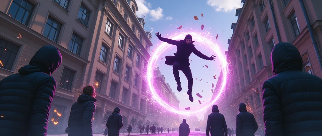 a man jumping through the window of a building, jumping from the third floor, he is falling into a dynamic position, shattered glass, broken glass falling, broken window, I see him from the street, pedestrians are scared, um portal de energia com bordas roxa, (portal opens in the sewer on the ground:1.7), round and purple interdimensional portal, he is wearing a black mask, he wears boots and a hooded coat, sunny afternoon with clouds, avenida na França, através do portal há neve e é um lugar frio, faísca, lensflare, desfoque de movimento, fagulhas, obra de arte, uhd,ultra detalhados, multiplos personagens, papeis voando, fluidez de movimentos, vidros quebrados em alto detalhamento, portal no chão, proporções perfeitas 