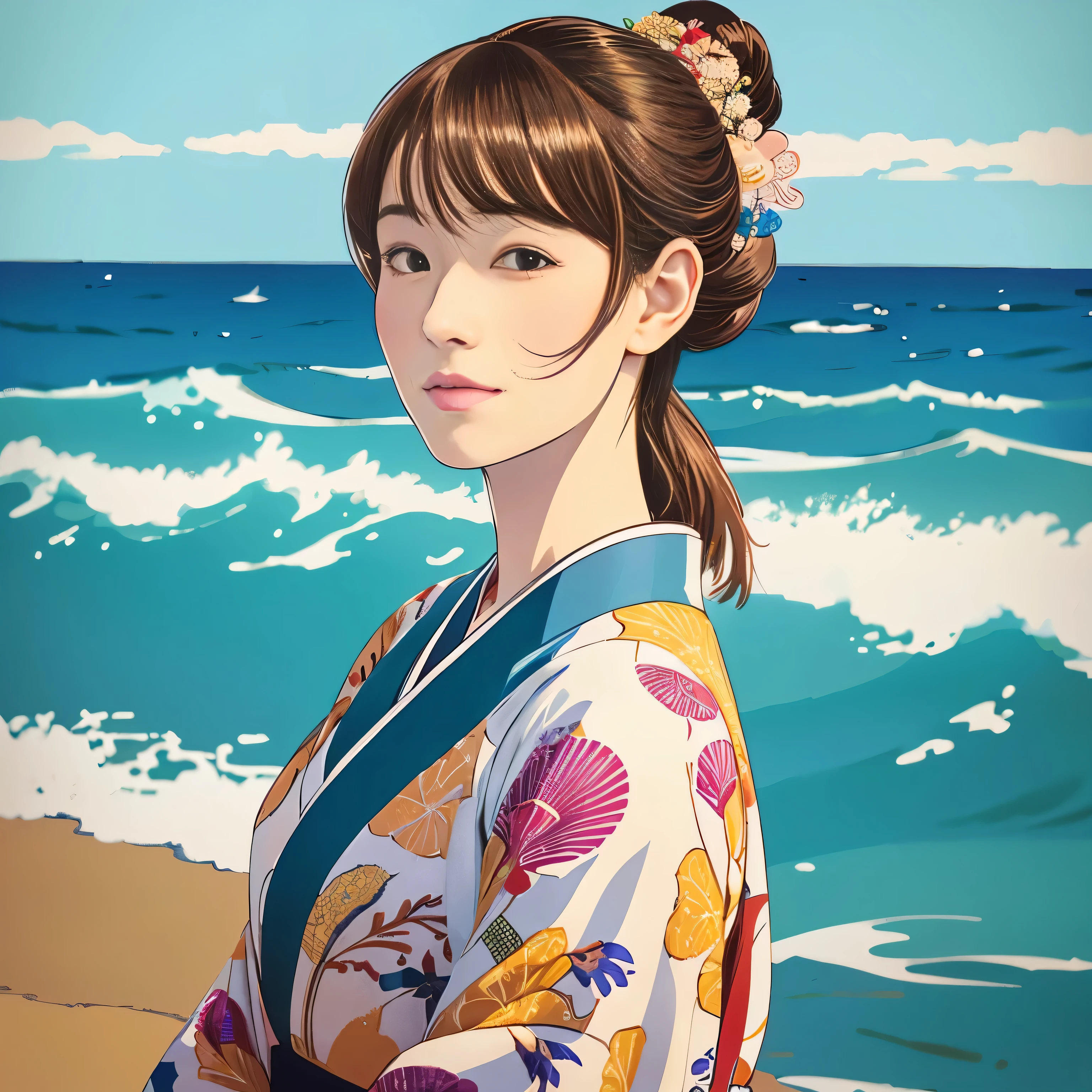 Illustration Style, Ukiyo-e, Showa Anime, woman, (Sensitive), Asahi, (Highest quality, Very detailed,Portraiture, Natural light)、kimono,Ocean