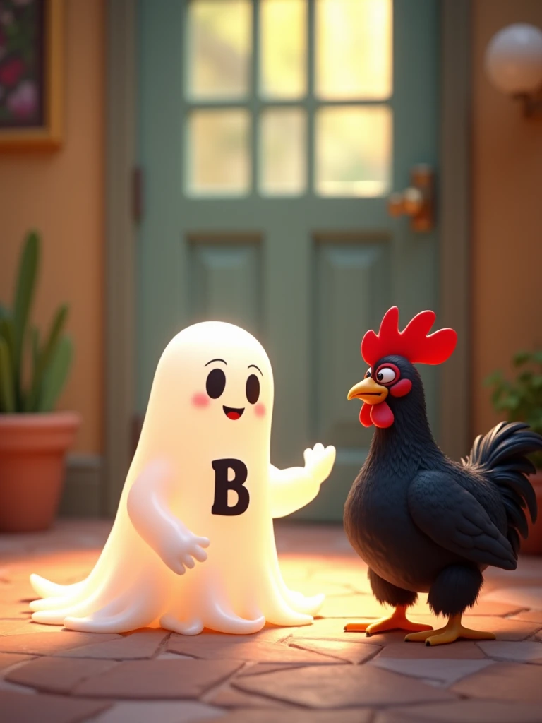 white ghost with the letter B on its chest calling a black chicken,Pixar style