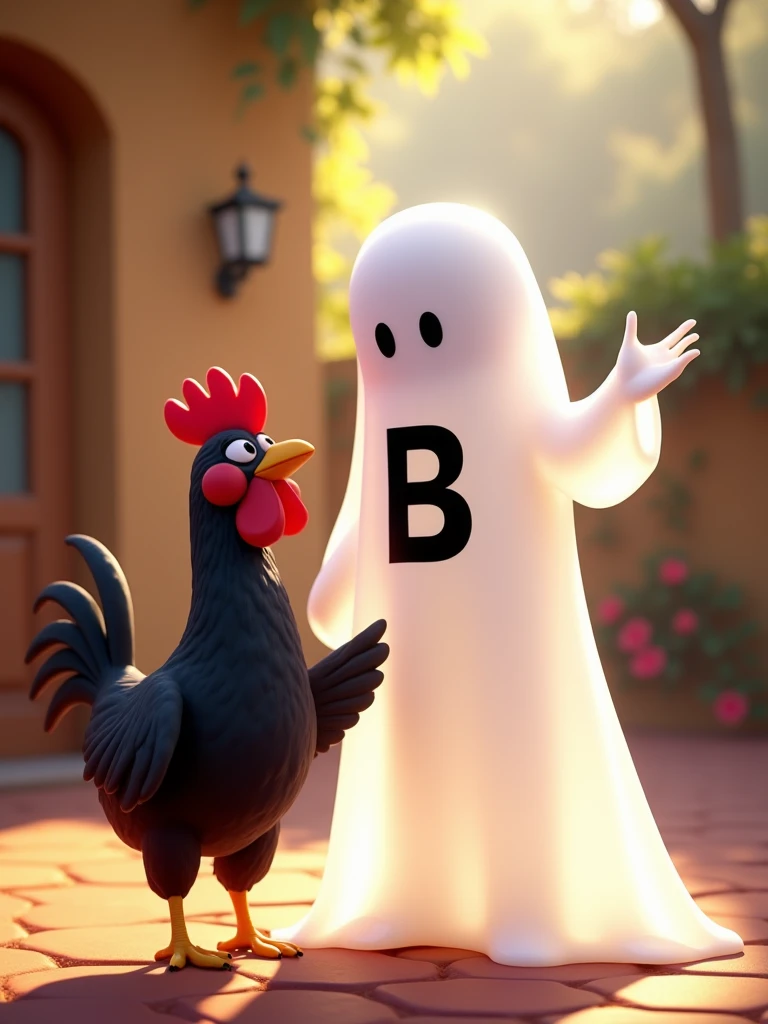 white ghost with the letter B on its chest calling a black chicken,Pixar style