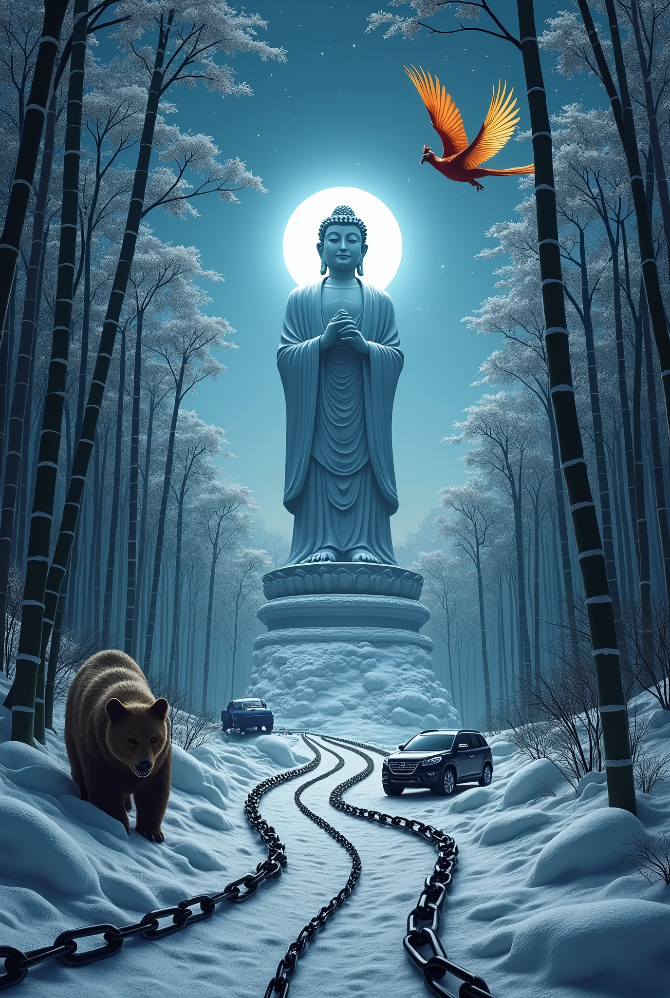 high quality、High resolution、4K,Very absurd、In a dream、Snow World、A halo shines behind the Buddha statue、Starry Sky、(chain)、(A phoenix flies in the sky)、Chain wrapped around a bamboo forest、Car and bear、A jumbled world,Surreal