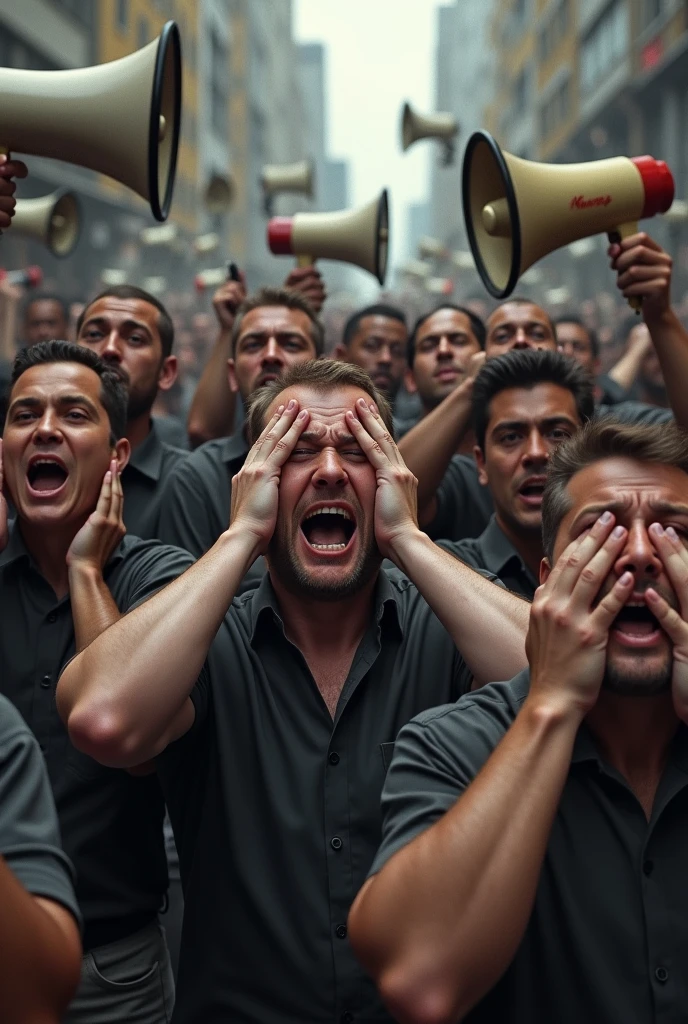 image of people unable to bear listening to loud sounds and lots of megaphones