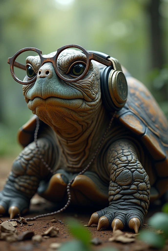 An old turtle with glasses and wired headphones
