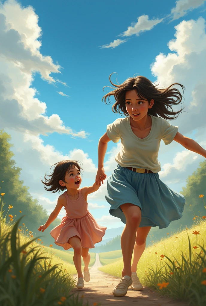 Mother running after her daughter, that was carried by the wind