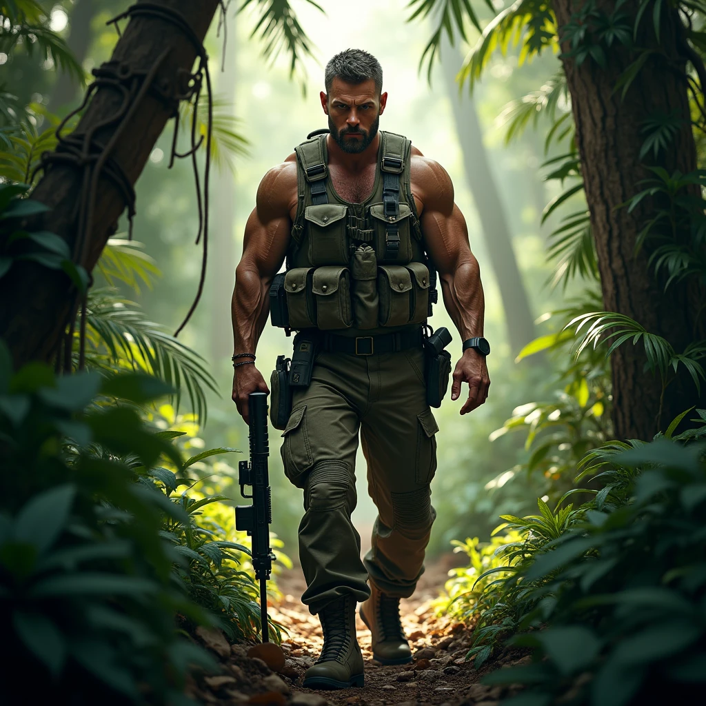 a american looking man hunting in jungle forest 