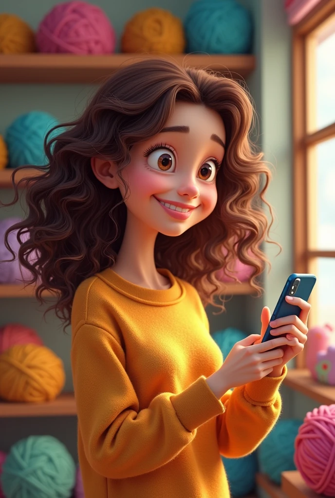 Pixar style drawing of a brunette, with loose curly hair, looking forward smiling, pointing the cell phone in your hand, showing the message, a studio backdrop full of balls of yarn.