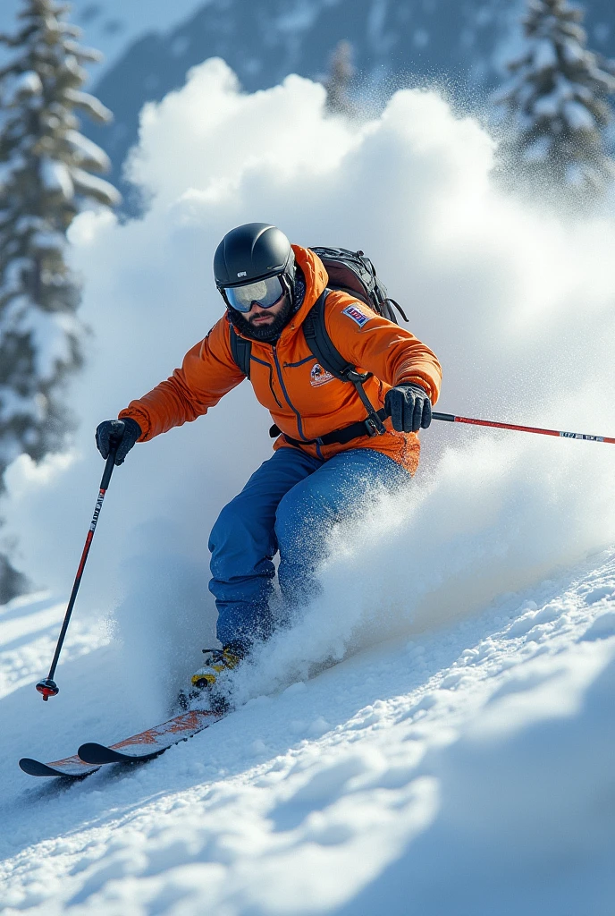 Lot of Large snow balls Toofan is on the air, it's ready to jump on a man and a 30 years Indian young man is ski down with poles on the snow hills of mountain, he wears helmet, black glasses. he wears orange jacket, blue pant, shoes.