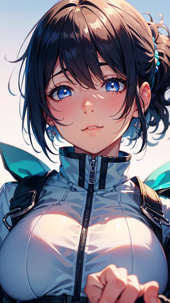 ((short hair, Highest quality, High resolution, Hmph, Pixel perfect, 4K, Hmph, Hmph))), One Girl, single, alone, Beauty、 (( bangs, Black Hair、ponytail、Scrunchie)), ((Big blue eyes, Beautiful eyelashes, Realistic eyes、Double)), ((Detailed smile, )), ((Smooth texture:0.75, Realistic texture:0.65, Realistic:1.1, Anime CG style)), Big Breasts, Perfect body, Light blue spencer jacket、pants