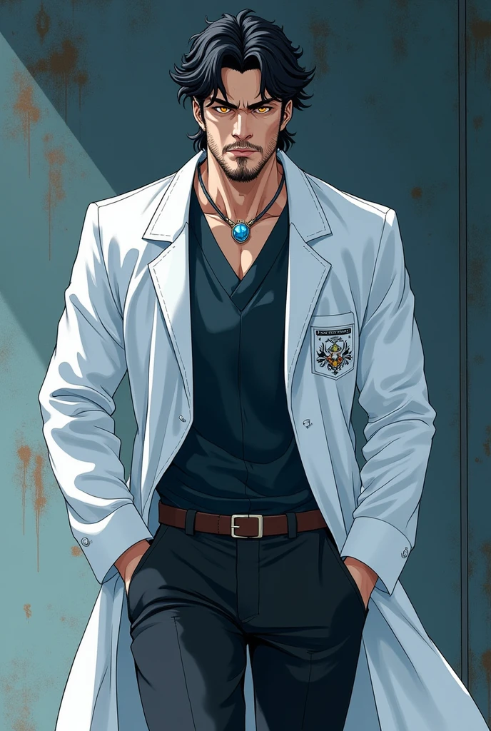 Manhwa character, 40 year old kurama, 1,86cm height, your appearance: dark haired, he seems to be sung woo, has a thin beard, one of his eyes is orange-yellow and the other is blue Personality: cold and calculist, important as a mountain but gentle Clothes: chemise, black pants and sneakers and wears a white doctor's coat with a necklace that has a precious stone.