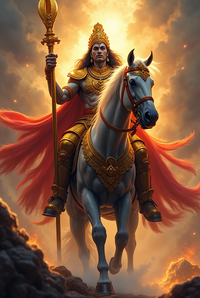 Here’s a prompt for creating a vibrant and dynamic image of Vishnu in his Kalki avatar, the future warrior:

"Create a dramatic and colorful depiction of Vishnu in his Kalki avatar, the prophesied future warrior. Illustrate Kalki as a powerful and heroic figure, riding a majestic horse and wielding a sword or weapon. His armor should be ornate and resplendent, with bright, metallic hues and intricate details. The background should be a dramatic, apocalyptic scene, with elements such as cosmic disturbances or divine light, emphasizing his role in restoring righteousness. Use vivid colors and dynamic compositions to capture Kalki’s strength, valor, and the sense of impending transformation and renewal he represents."