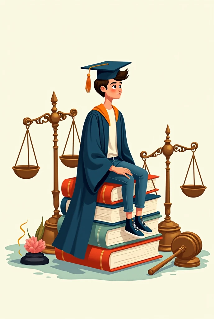 A man wearing her full of graduation gown and sitting on large 2 books Takes up the half of the design area, next to her are the big scales of justice and the hammer, a large two-dimensional drawing.cartoon drawing more details