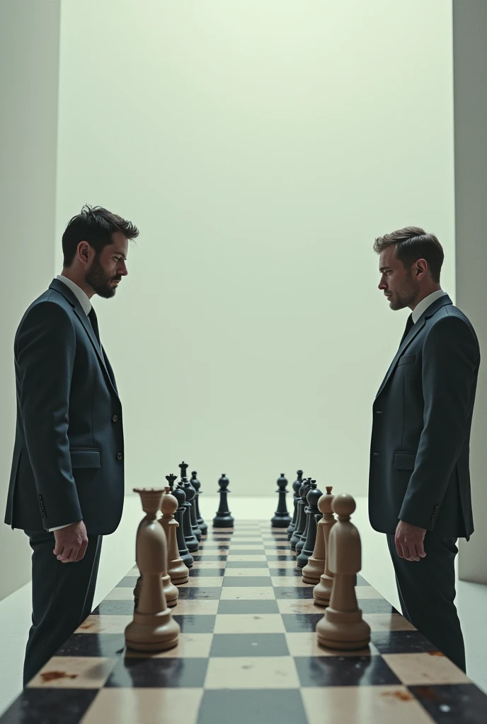 Of two people in suits playing chess, chess pieces need to be human, the guys in suits are off the board