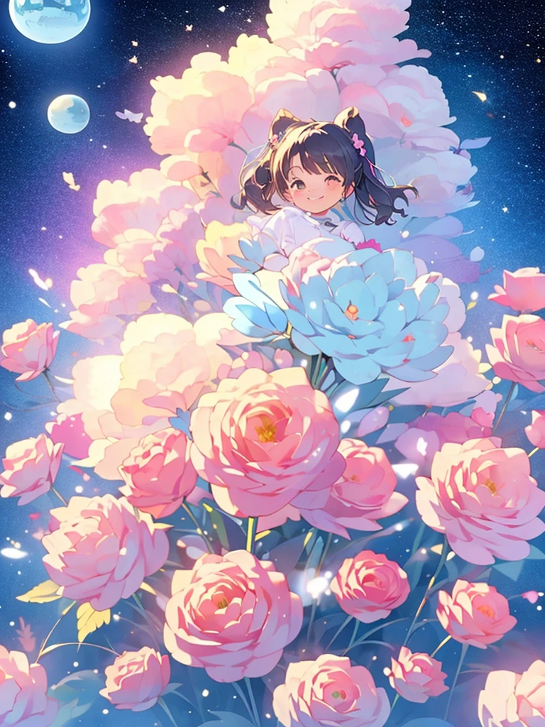 Highest quality、Smiling Girl、Surrounded by colorful pastel flowers、cute、Stardust、Space Dust、beautiful、Fantasy
