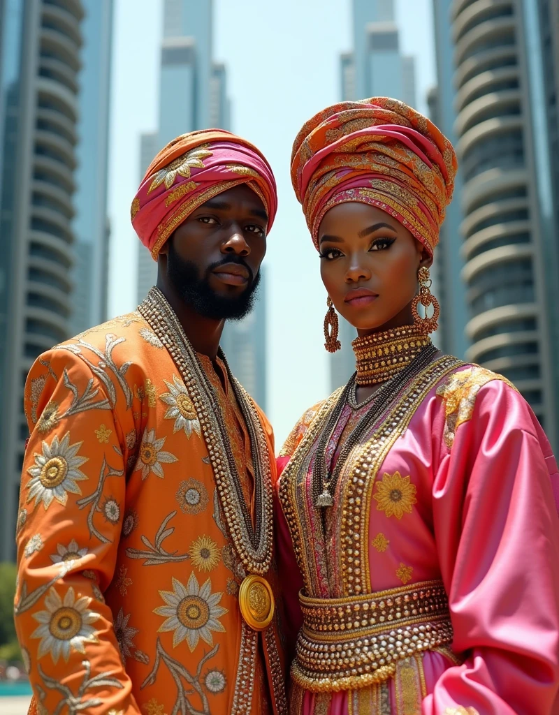 Set in Dubai with tall buildings and sky scrapers, African in tradition attire, Kareem and Kristen Donovan by Julianne Saunders photoshoot, in the style of Afrofuturism, detailed marine views, pink and gold, made of crystals, rococo style, close-up, rap aesthetics. Lots of glass baubles and beads