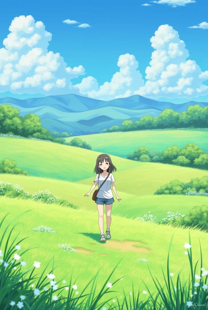Ghibli-style landscape、pretty girl、smile、summer