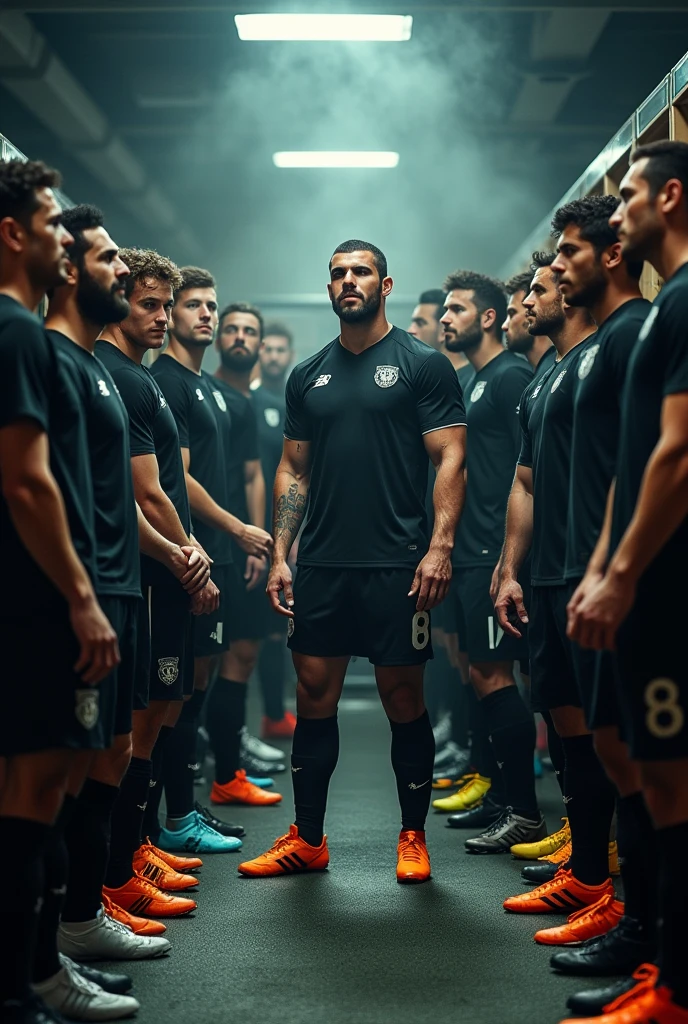 Create a soccer team image and one side of the locker room concentrated with black shirts