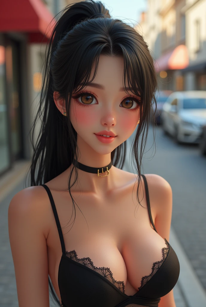 Create a picture of ung girl (Emily Blond), Beautiful, Portrait, focusing on expressive eyes, detailed face. Long straight black hair, with ironed cheeks, very long hair, tied in a half ponytail. . Scandinavian features, modeled, full body, sensual smile, full buttocks, full and dimpled breast. on a street. real photo, more XL detail, masterpiece, nice legs and hot body.,