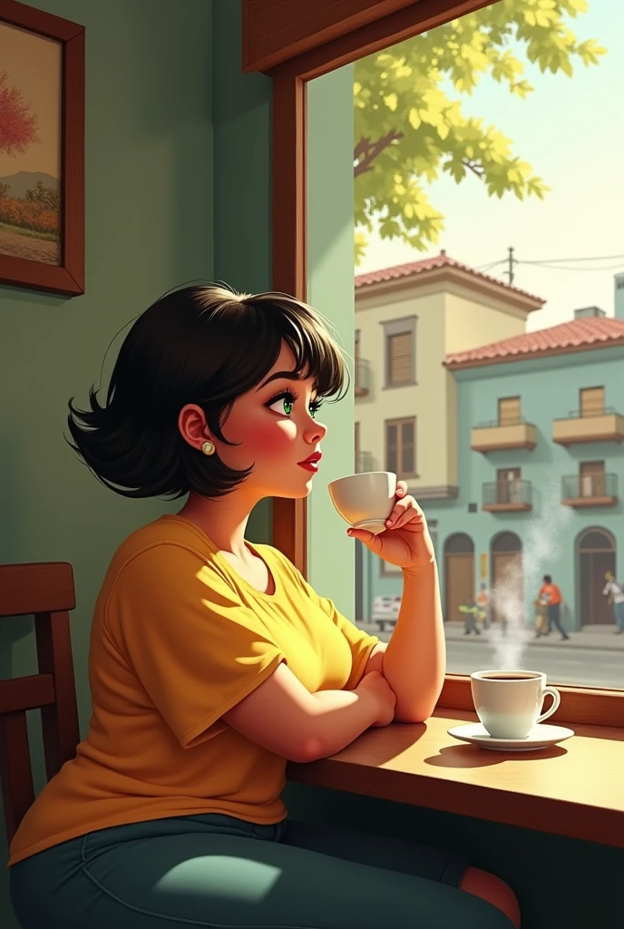 Brazilian chubby woman, white, short hair, greeneyes, drinking coffee, looking at the view from inside a coffee shop