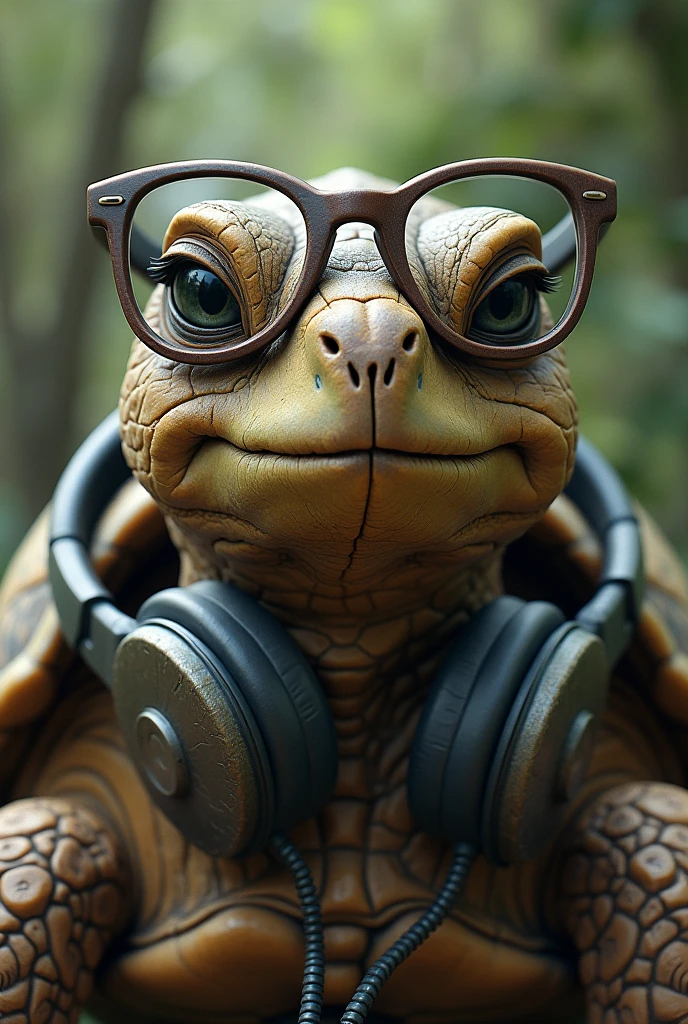 An old turtle with glasses and wired headphones