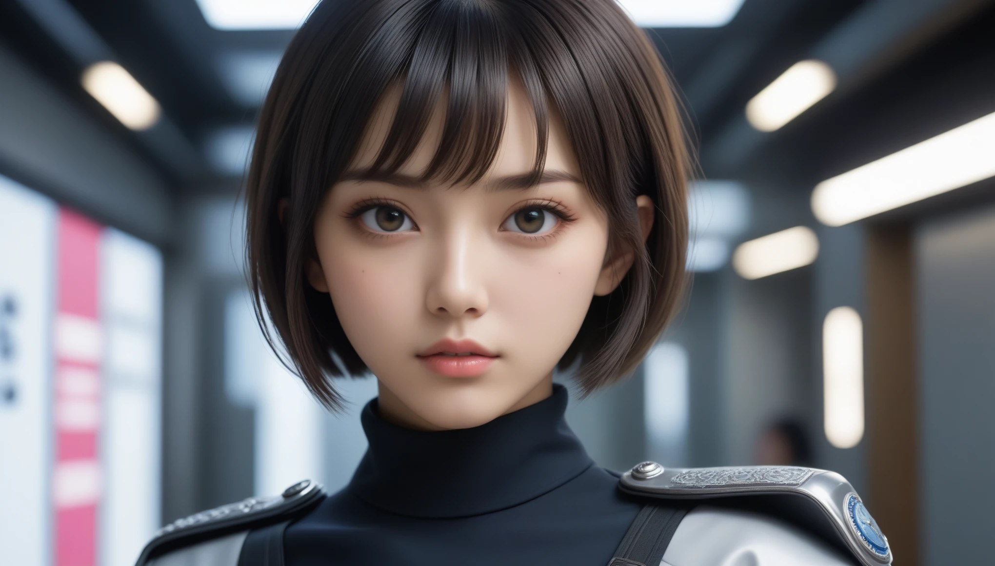 8k, Ultra-high resolution, Highest quality, masterpiece, 三分割法によるphotograph,Surreal, photograph, 1 , (:1.3), cute, cute顔, 細部までBeautiful Eyes, 細かくdetailedに,masterpiece,One Girl:1.2,Japanese women,Policewoman,close up,glaring,Black short hair,Bowl cut,ID photo,(Police officer of the future:1.3),cyber punk,Future City,white collar,((Fusion of humans and androids))(Beautiful attention to detail),Subtle details, detailedな顔,anger,Attractive eyes,(ポートレートphotograph:1.4),(Photorealistic images:1.4),Fantasy art,(Beautiful Face:1.4),美しくAttractive eyes、Beautiful Eyes,Silver residue,(Tight waist:1.4)、(Beautiful with perfect body proportions:1.4),Pink Lips,profile,(((Ideal body type))),A-cup small breasts :2,、Portraiture:2、Perfect Anatomy、鮮明なdetailed、detailed,Fashion magazine cover,Thin lips,完璧でBeautiful Face ,完璧でcute顔, Skin with attention to detail, Perfect limbs、Narrow waist,Surreal,Light and shadow,spotlight