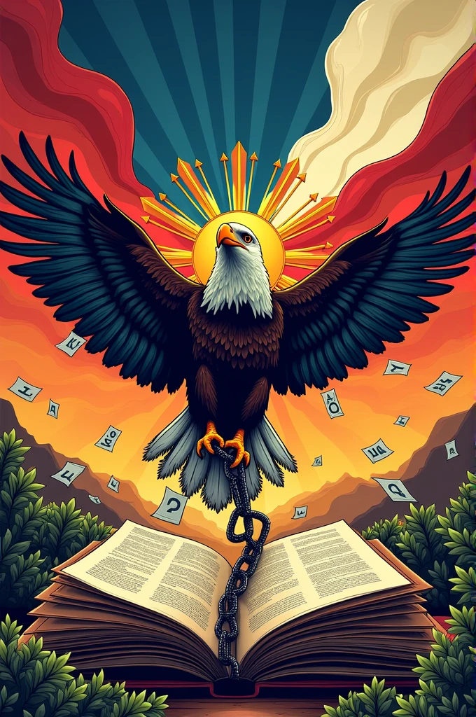 Poster slogan: FILIPINO: WIKANG MAPAGPALAYA
Flag of the philippines
Eagle that has broken chain
Books with flying alphabet letters
Philippine culture and tradition
Pen and ink traditional

