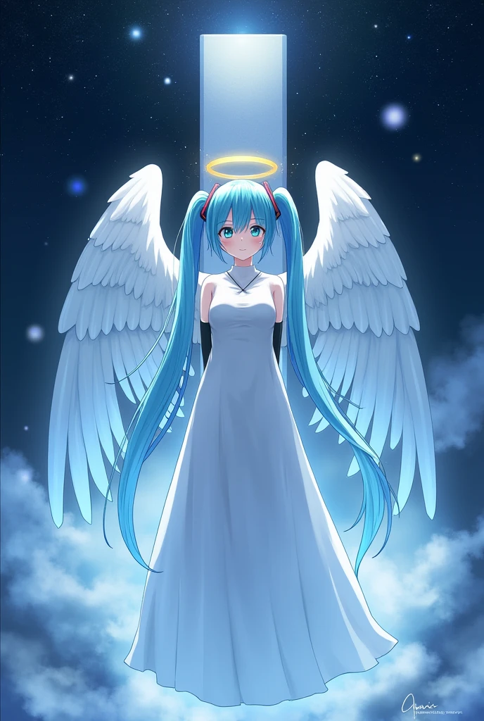 work of art, best qualityer, hatsune miku, white gown, angel, angel wings, golden halo, darkness background, trunk, (cloused mouth:1.2), looking ahead at viewer, arms behind the back, blue theme, stele, stary night