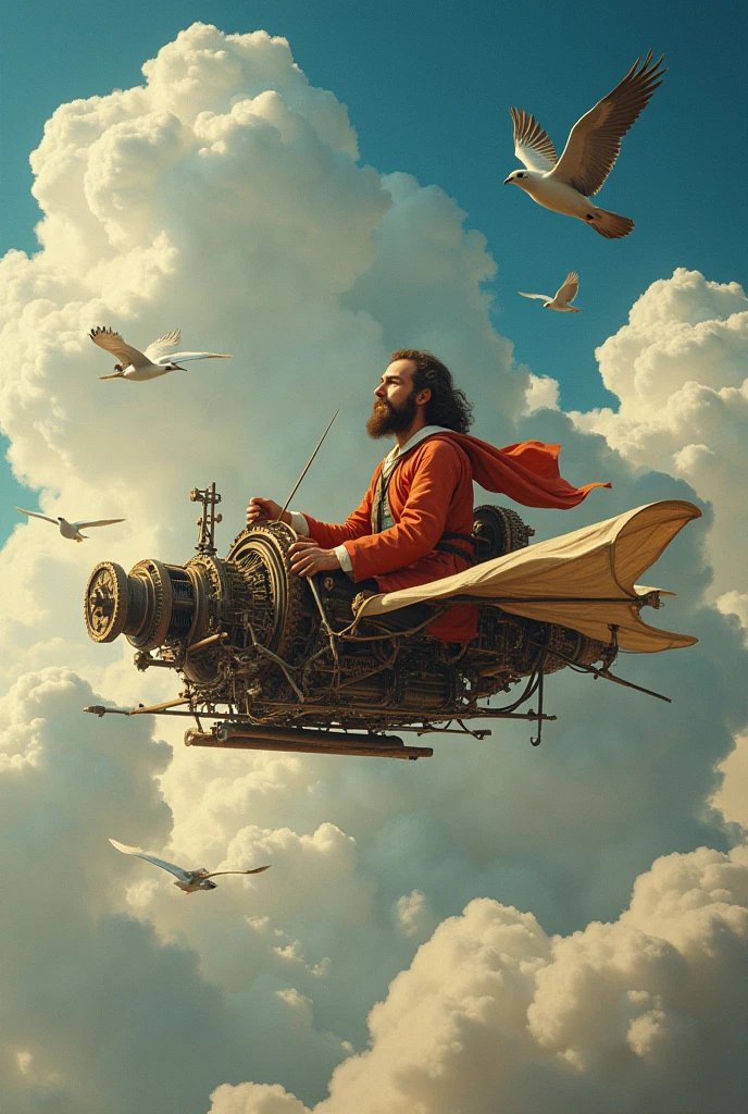 "An imaginative scene of Leonardo da Vinci soaring through the skies in one of his flying machine concepts, surrounded by clouds and birds, with a look of wonder on his face, Renaissance, vivid colors, playful." for kids