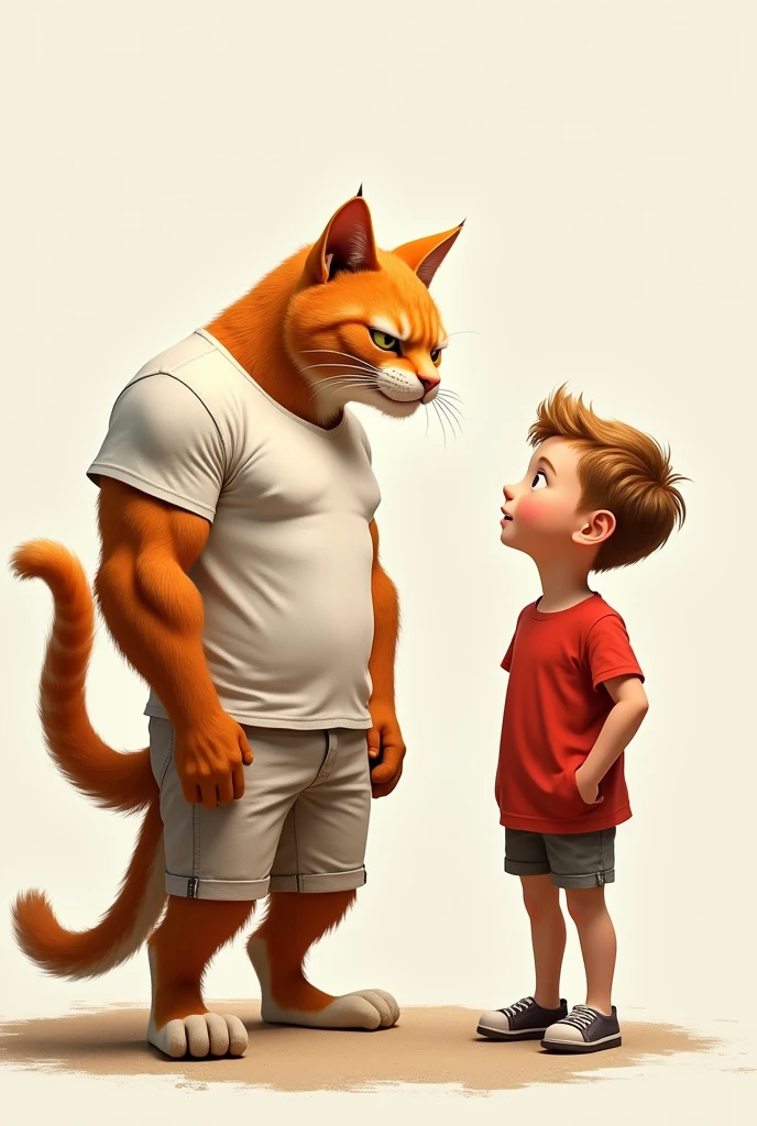 Ek ginger muscular cat jisne white shirt and pent pehni h or wo ek chote child jisne red t-shirts nikkar pehna h se bat krte huye