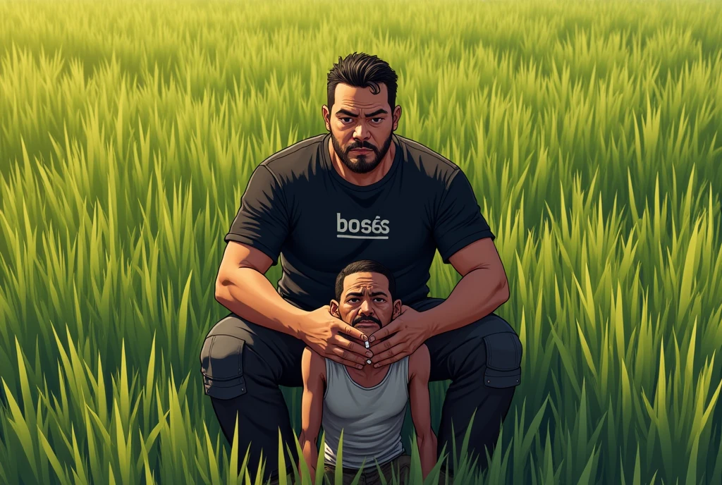 pov top-down, details upscale, expand,an Indonesian male foreman in his 40s, slightly stocky, wearing a black t-shirt with the boss's logo and black cargo pants, enjoy take a sitting on a face poor human stool coolie sambil menyulut rokok, the coolie's face becomes the foreman's hip seat, the background is in a sunny rice paddy field, a shabby laborer kneels kissing the foreman sitting upright on the face, The foreman is seen sitting on the face of a coolie who is supporting him
