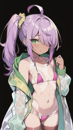 (((scrawny))),(Wheat skin),(Dark Skin),((high school student)),((tanlines)),(side ponytail,ahoge,One eye is covered by hair),((Purple Hair)),(fluorescent pink streaked hair),(Green Eyes),Slanted Eyes,Scrunchie,BREAK,(Micro Bikini),((Transparent raincoat,Wearing a hood)),moon