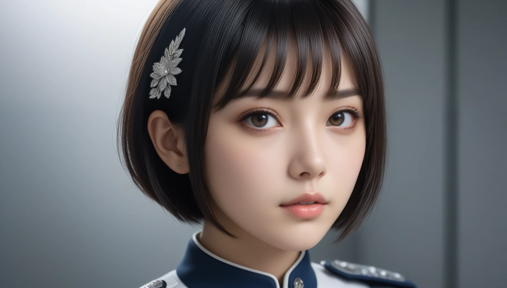 8k, Ultra-high resolution, Highest quality, masterpiece, 三分割法によるphotograph,Surreal, photograph, 1 , (:1.3), cute, cute顔, 細部までBeautiful Eyes, 細かくdetailedに,masterpiece,One Girl:1.2,Japanese women,Policewoman,close up,glaring,Black short hair,Bowl cut,ID photo,(Police officer of the future:1.3),cyber punk,Future City,white collar,((Fusion of humans and androids))(Beautiful attention to detail),Subtle details, detailedな顔,anger,Attractive eyes,(ポートレートphotograph:1.4),(Photorealistic images:1.4),Fantasy art,(Beautiful Face:1.4),美しくAttractive eyes、Beautiful Eyes,Silver residue,(Tight waist:1.4)、(Beautiful with perfect body proportions:1.4),Pink Lips,profile,(((Ideal body type))),A-cup small breasts :2,、Portraiture:2、Perfect Anatomy、鮮明なdetailed、detailed,Fashion magazine cover,Thin lips,完璧でBeautiful Face ,完璧でcute顔, Skin with attention to detail, Perfect limbs、Narrow waist,Surreal,Light and shadow,spotlight