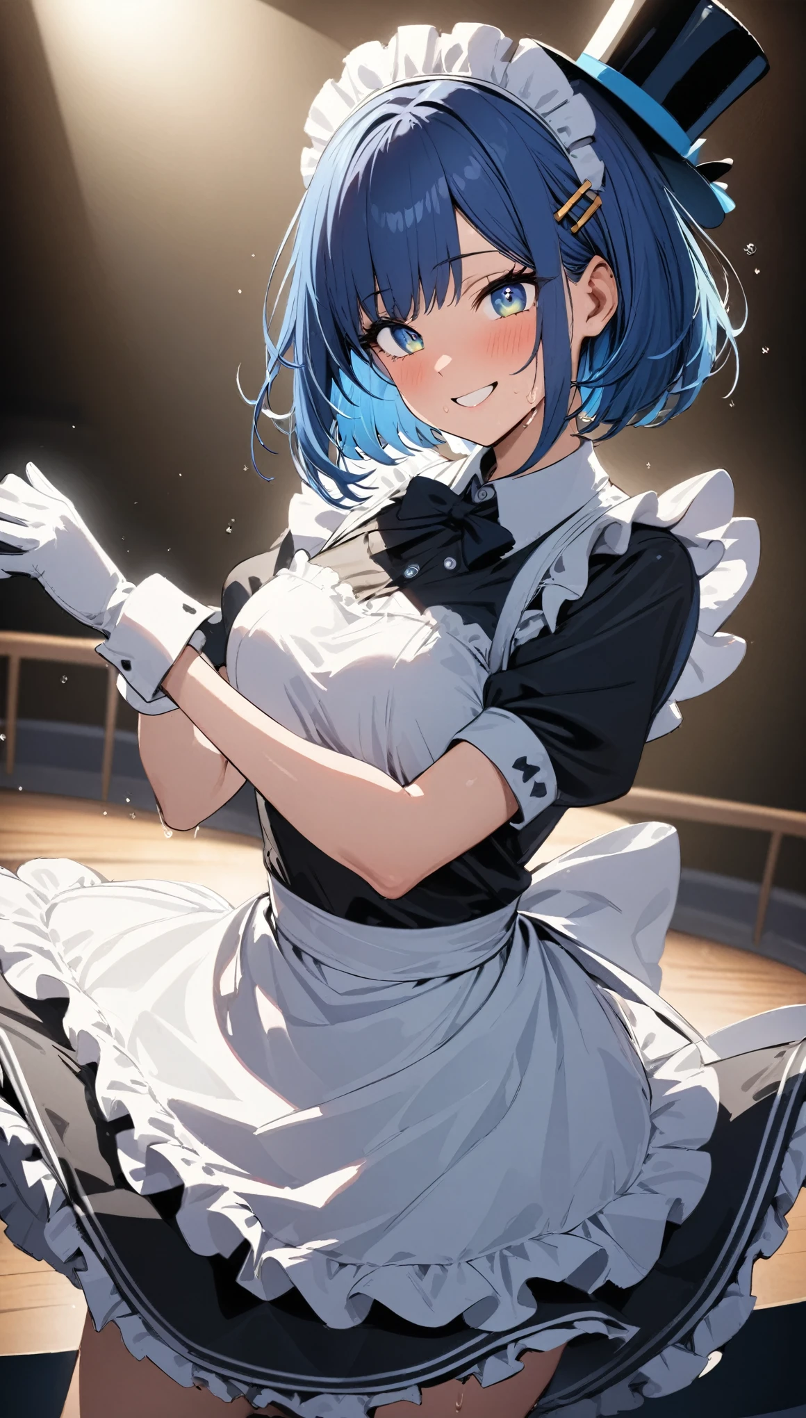 ((best quality)), ((masterpiece)), (detailed), perfect detailed eyes, perfect detailed face, blue hair, bob cut, hairpin, maid, maid costume, Tap dancing on a theater stage, in the spotlight, Wear a top hat and white gloves, Shining sweat, smiling face